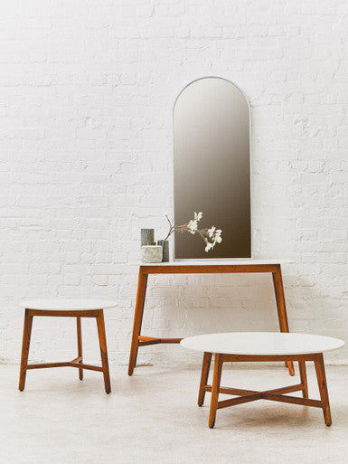Image of White Marble Top Console Table with Sustainable Acacia Wood Base, Myan