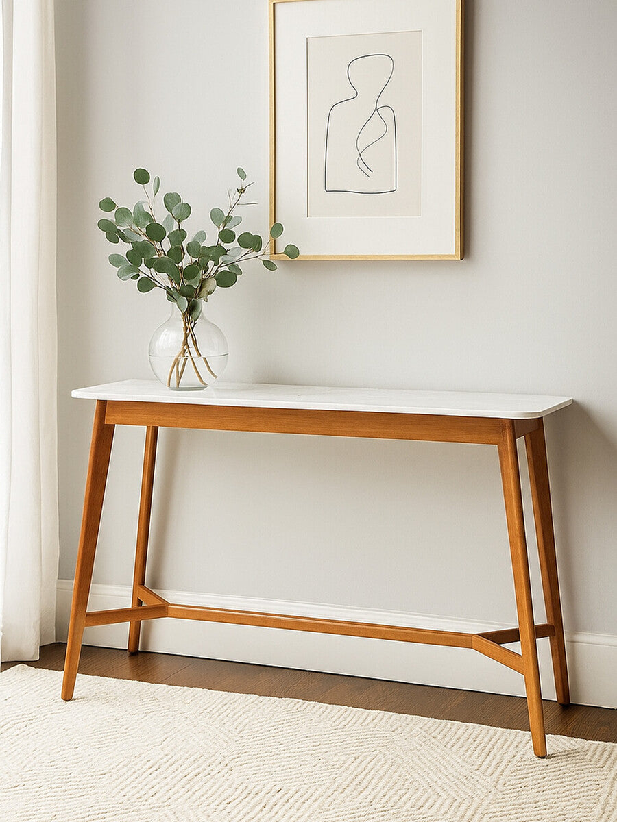 Image of White Marble Top Console Table with Sustainable Acacia Wood Base, Myan