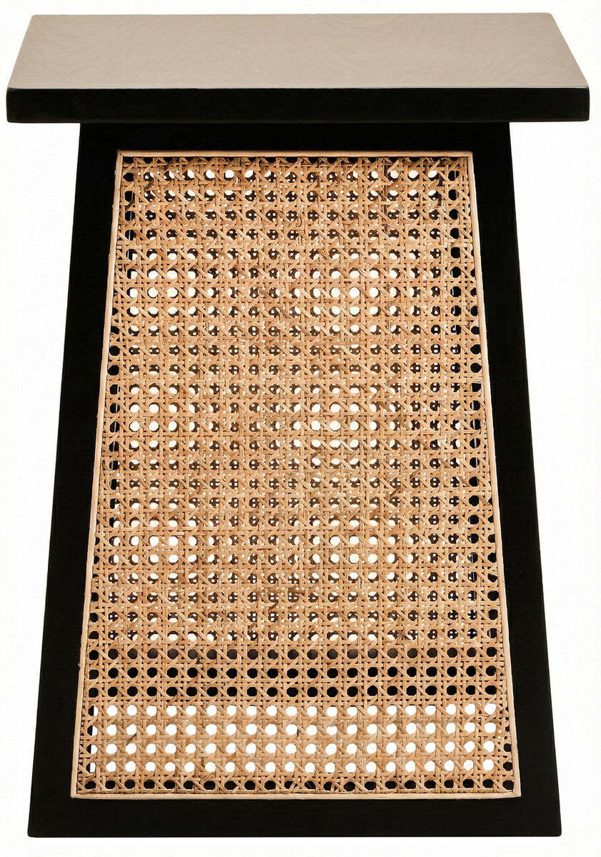 Image of Black Elm Wood Side Table with Woven Natural Cane Panels, Cebu