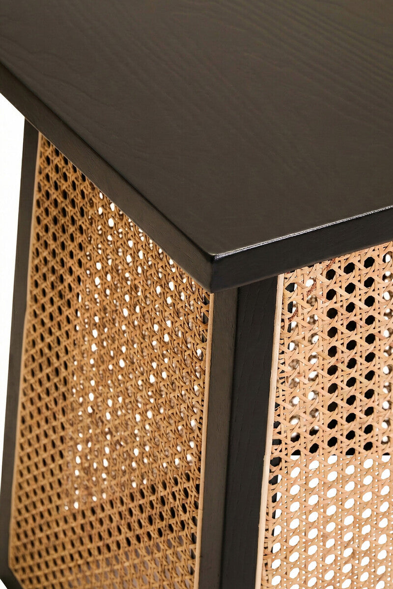 Image of Black Elm Wood Side Table with Woven Natural Cane Panels, Cebu
