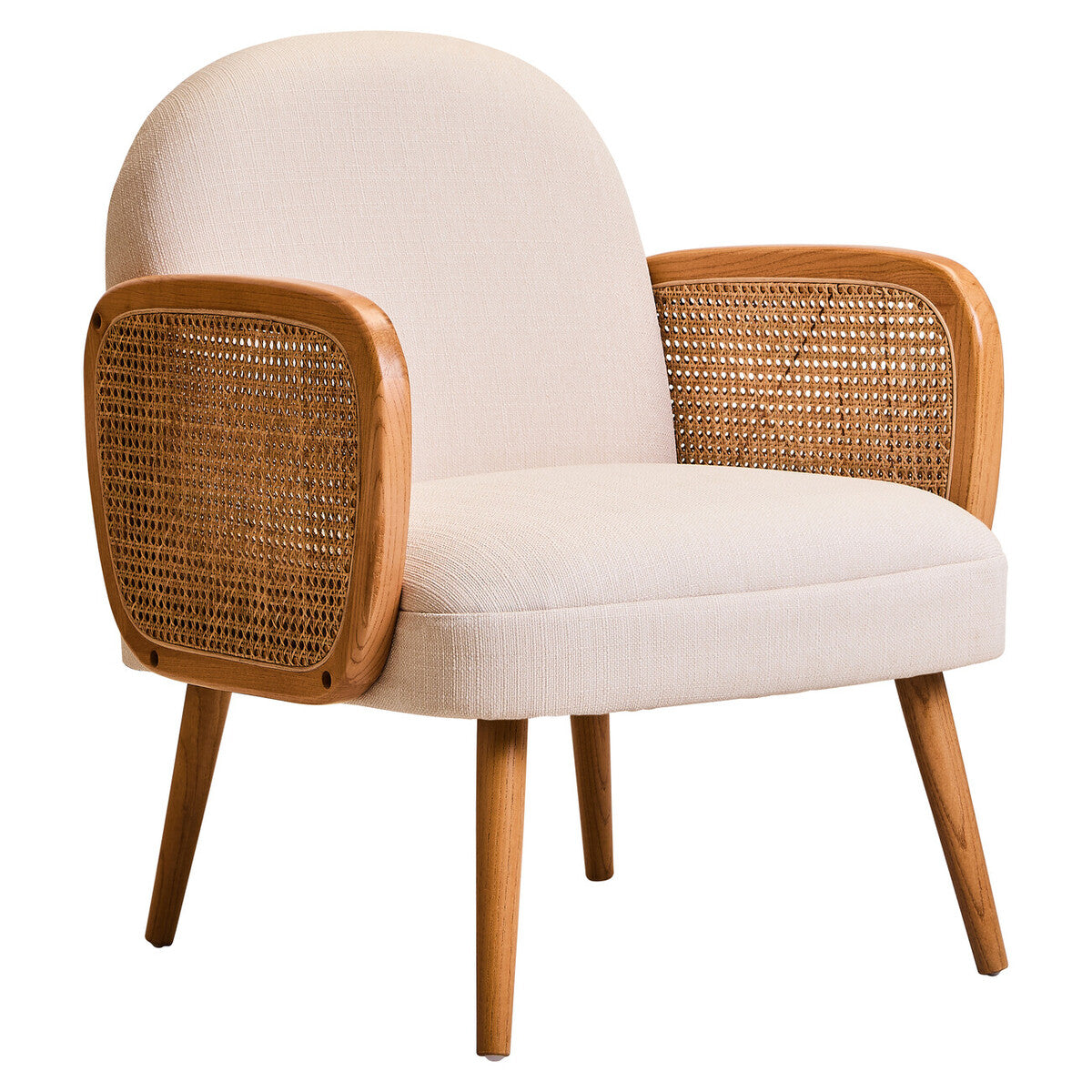Image of Cebu Ivory Fabric and Cane Chair with Elm Wood Legs