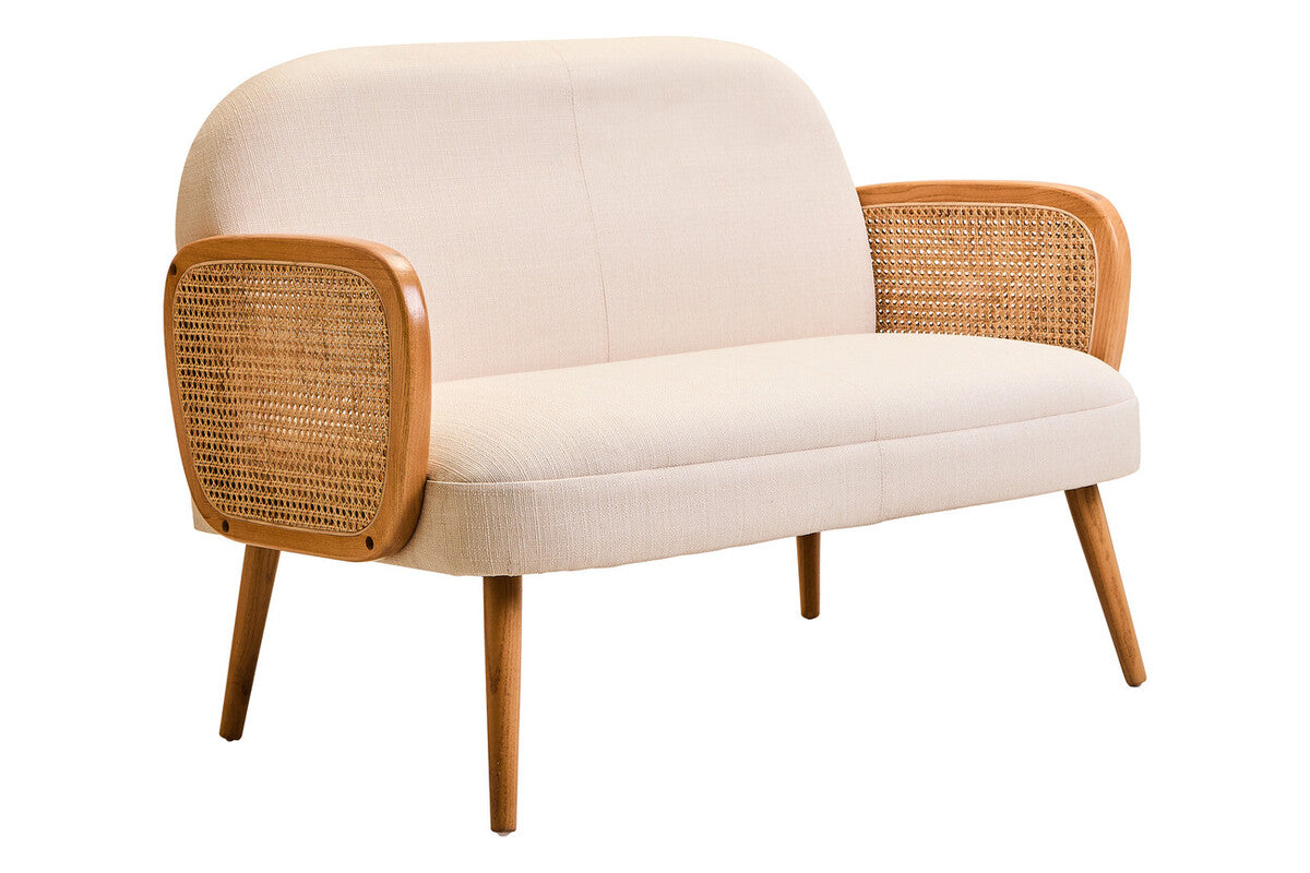 Image of 2 Seater Ivory Fabric and Cane Sofa with Elm Wood Legs, Cebu