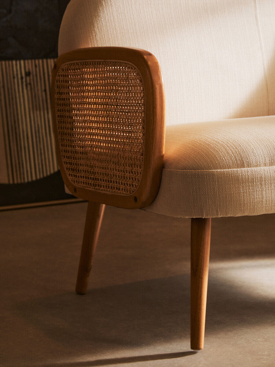 Image of 2 Seater Ivory Fabric and Cane Sofa with Elm Wood Legs, Cebu