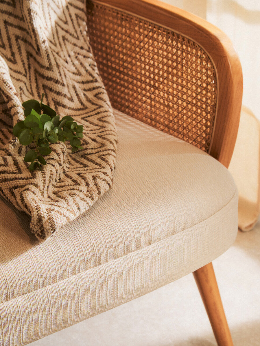 Image of 2 Seater Ivory Fabric and Cane Sofa with Elm Wood Legs, Cebu