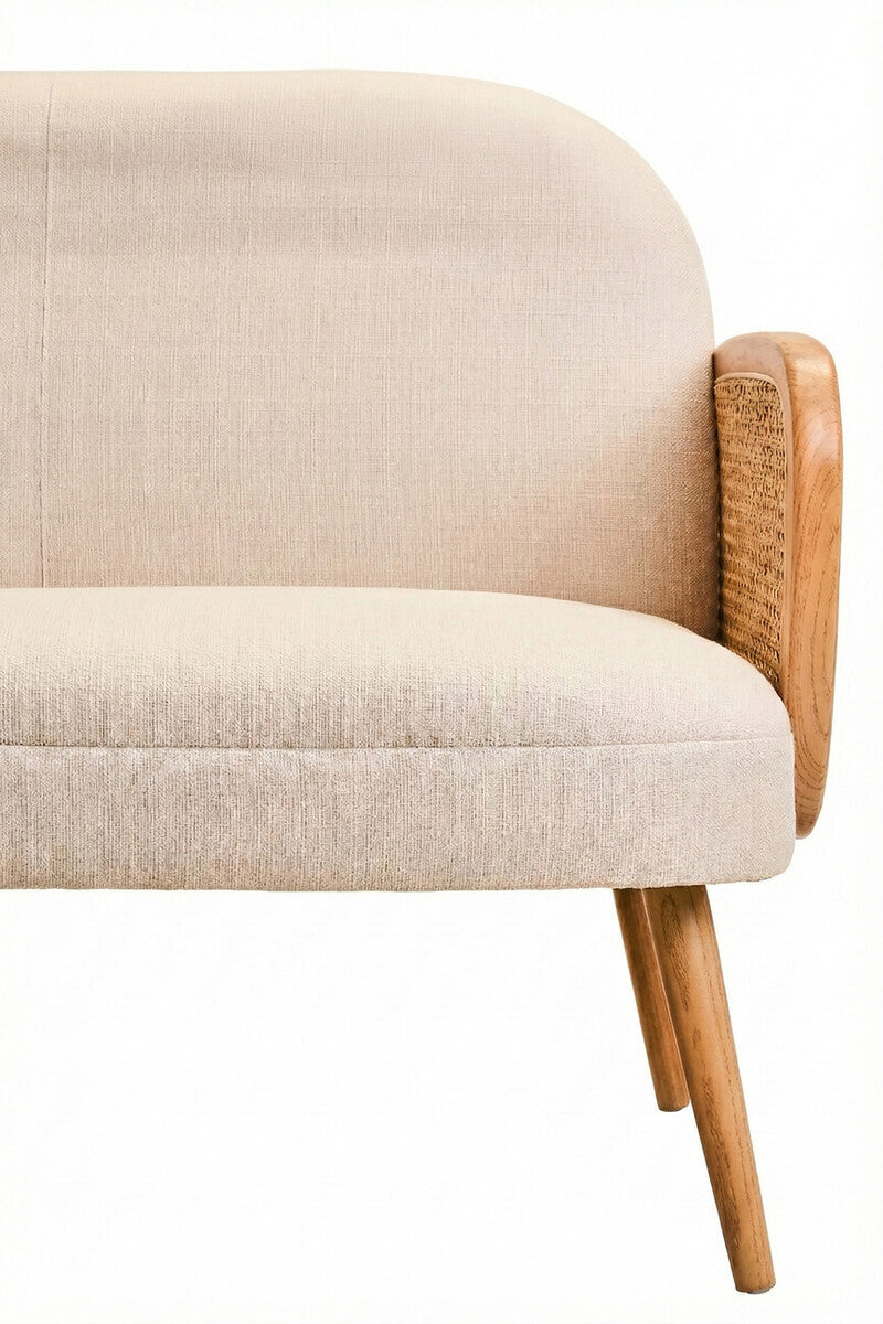 Image of 2 Seater Ivory Fabric and Cane Sofa with Elm Wood Legs, Cebu