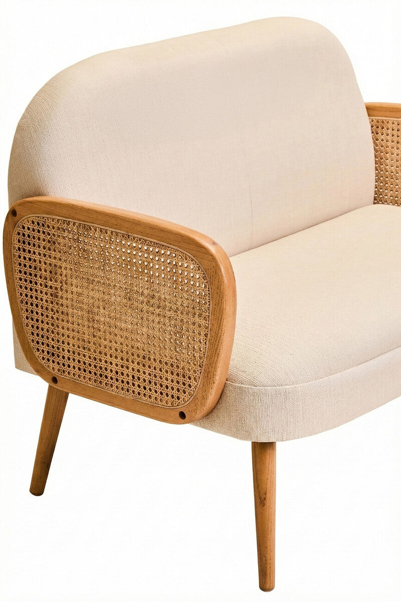 Image of 2 Seater Ivory Fabric and Cane Sofa with Elm Wood Legs, Cebu