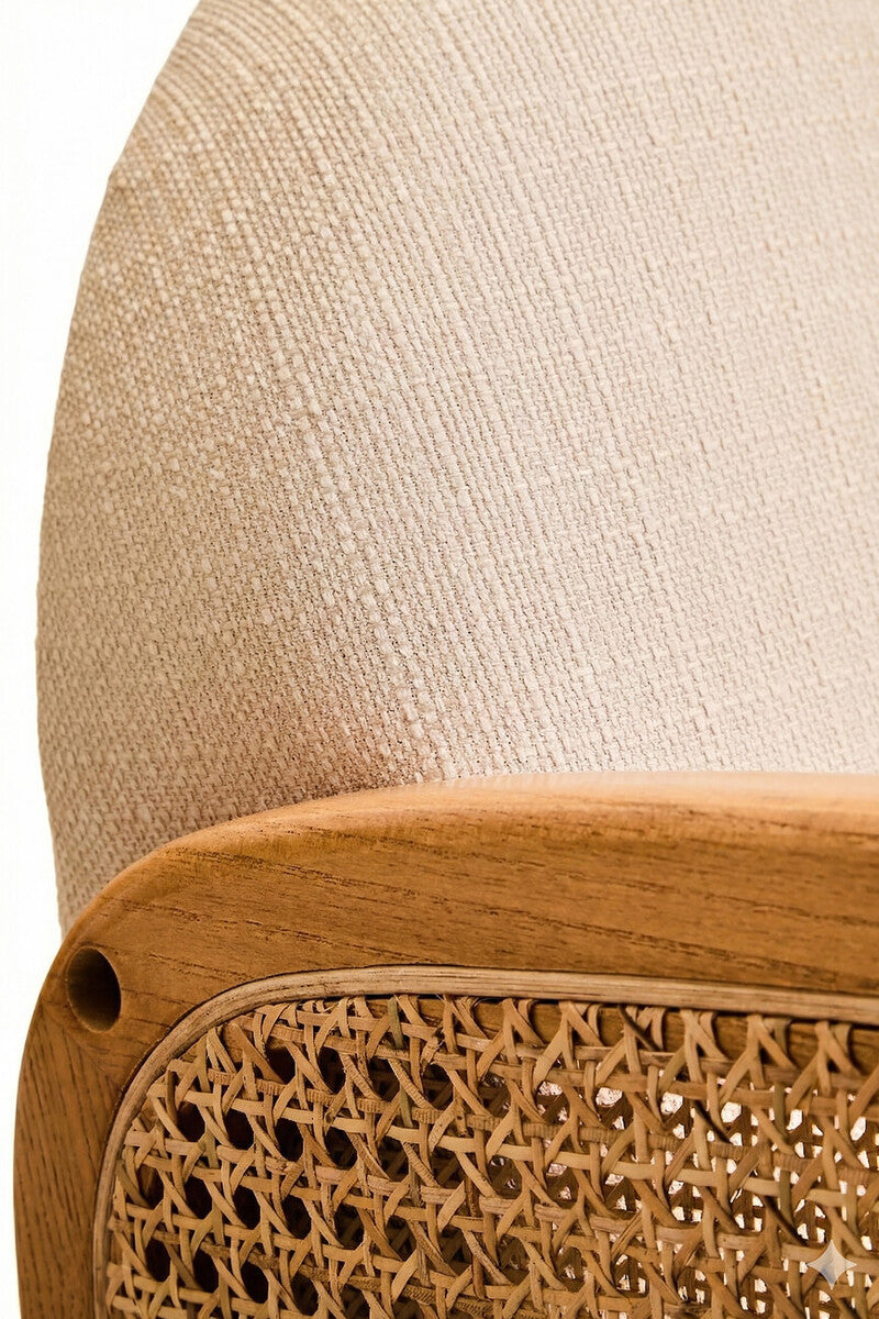 Image of 2 Seater Ivory Fabric and Cane Sofa with Elm Wood Legs, Cebu