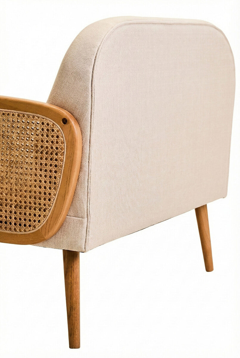 Image of 2 Seater Ivory Fabric and Cane Sofa with Elm Wood Legs, Cebu