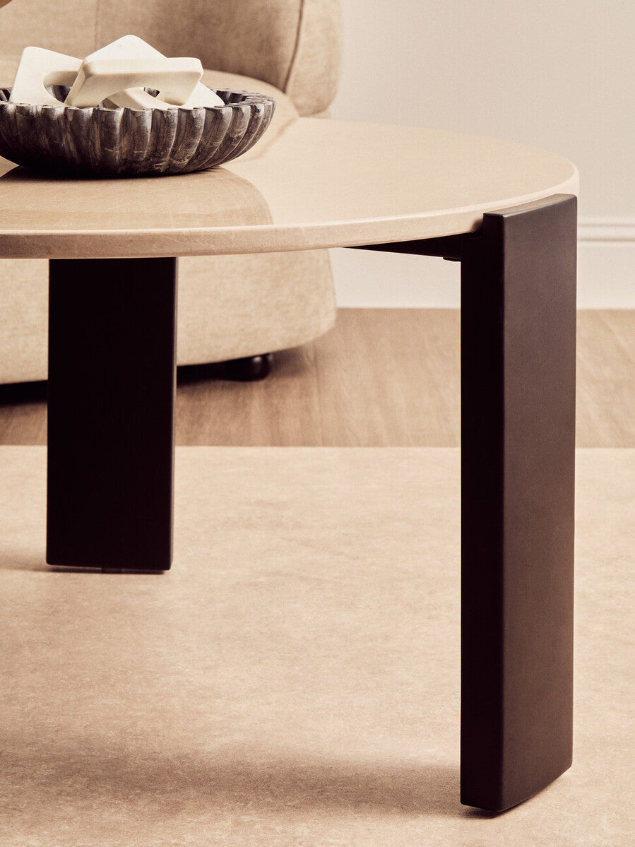 Image of Cream Round Marble Top Large Coffee Table with Black Acacia Legs, Palermo