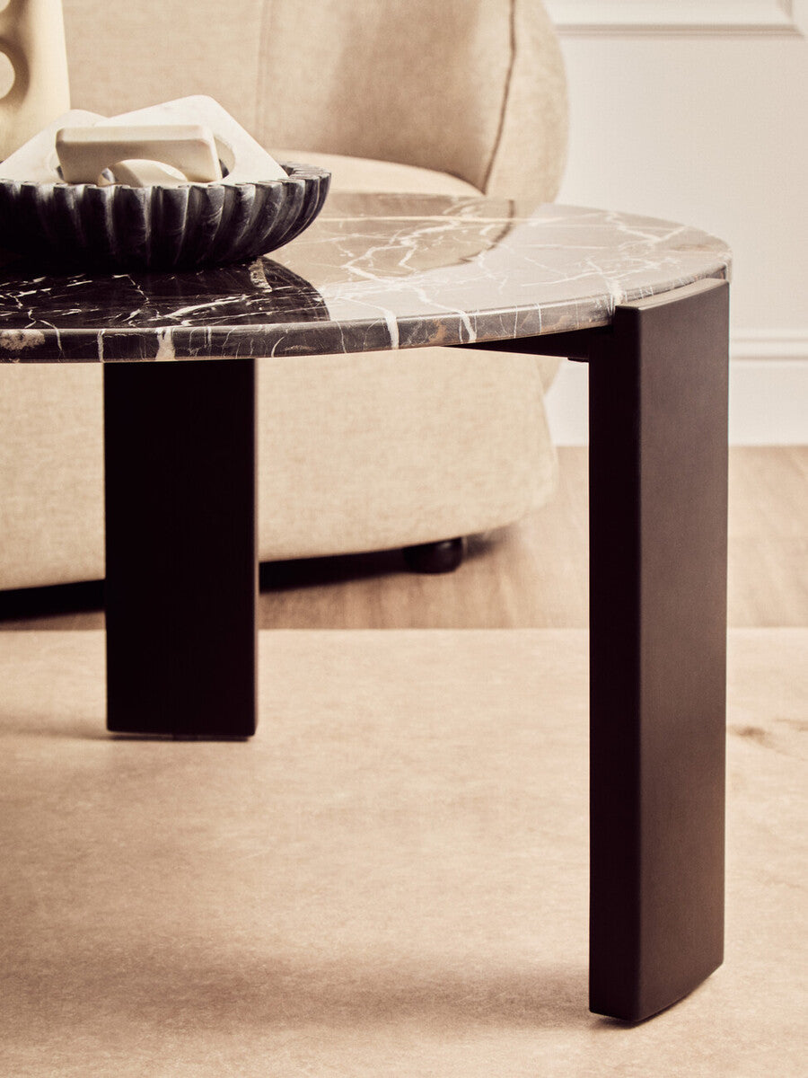 Image of Black Round Marble Top Large Coffee Table with Black Acacia Legs, Palermo