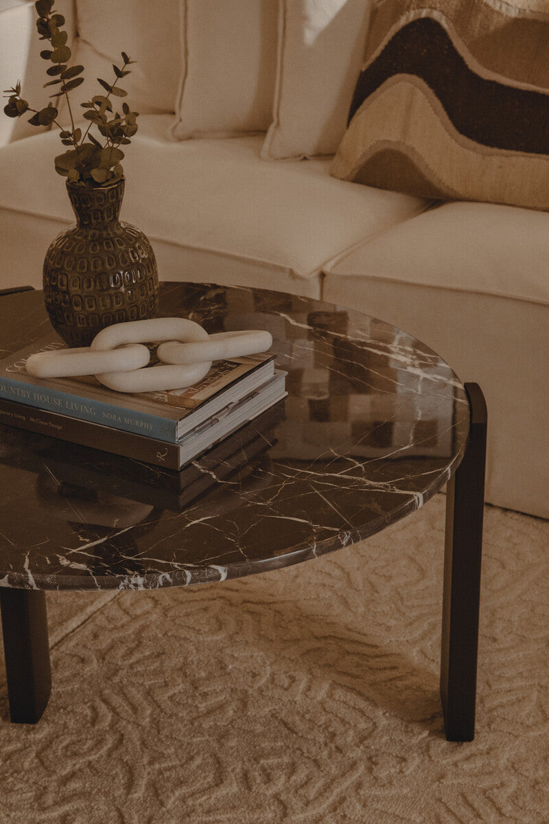 Image of Black Round Marble Top Large Coffee Table with Black Acacia Legs, Palermo