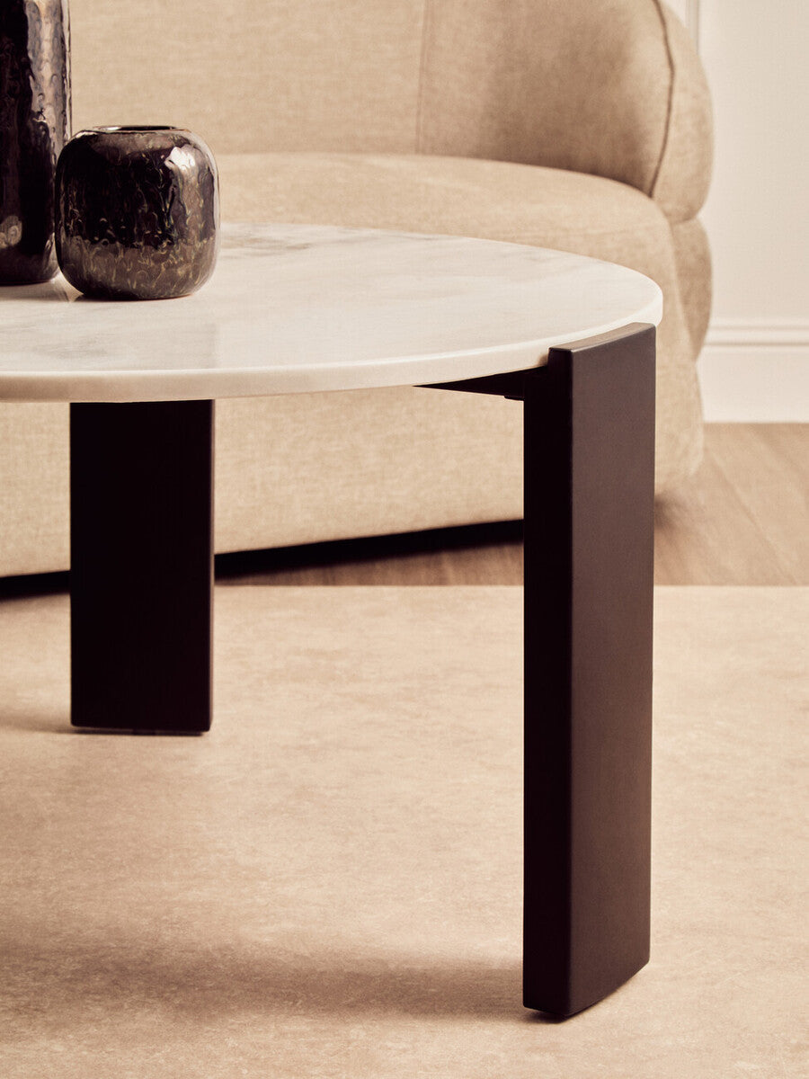 Image of White Round Marble Top Large Coffee Table with Black Acacia Legs, Palermo