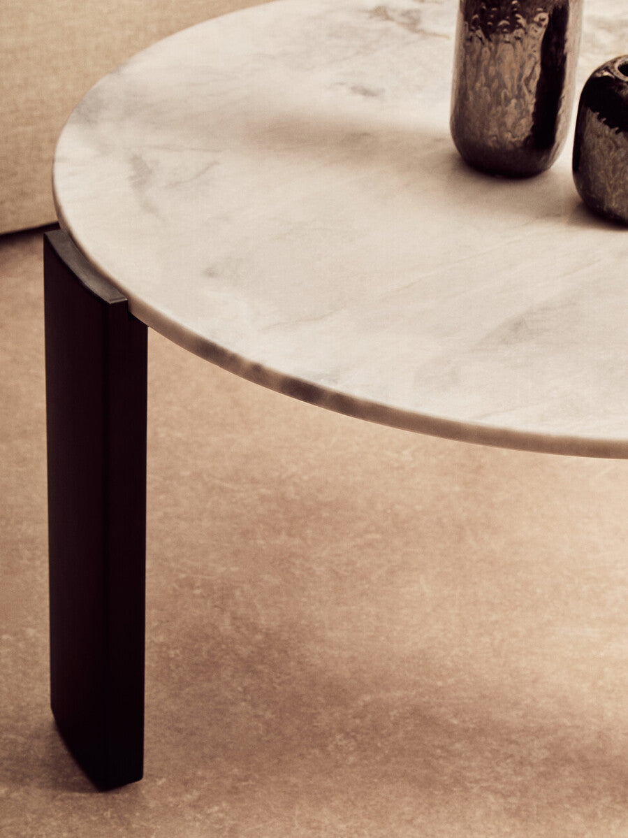 Image of White Round Marble Top Large Coffee Table with Black Acacia Legs, Palermo