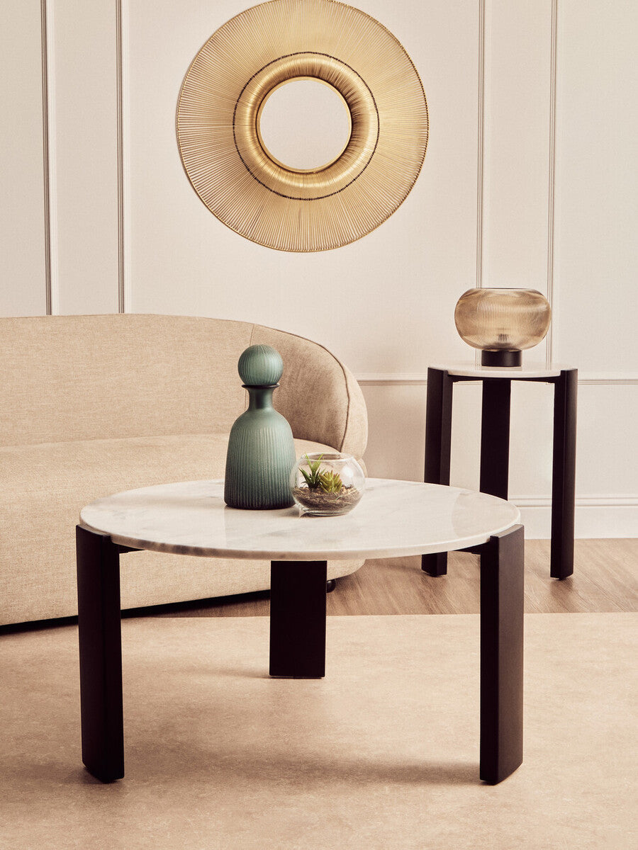 Image of White Round Marble Top Large Coffee Table with Black Acacia Legs, Palermo