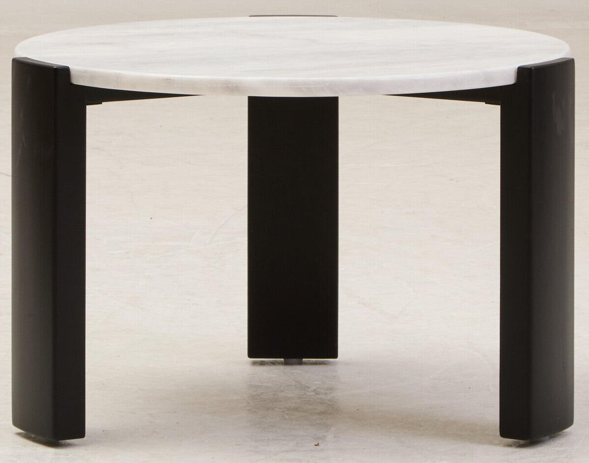 Image of White Round Marble Top Small Coffee Table with Black Acacia Legs, Palermo