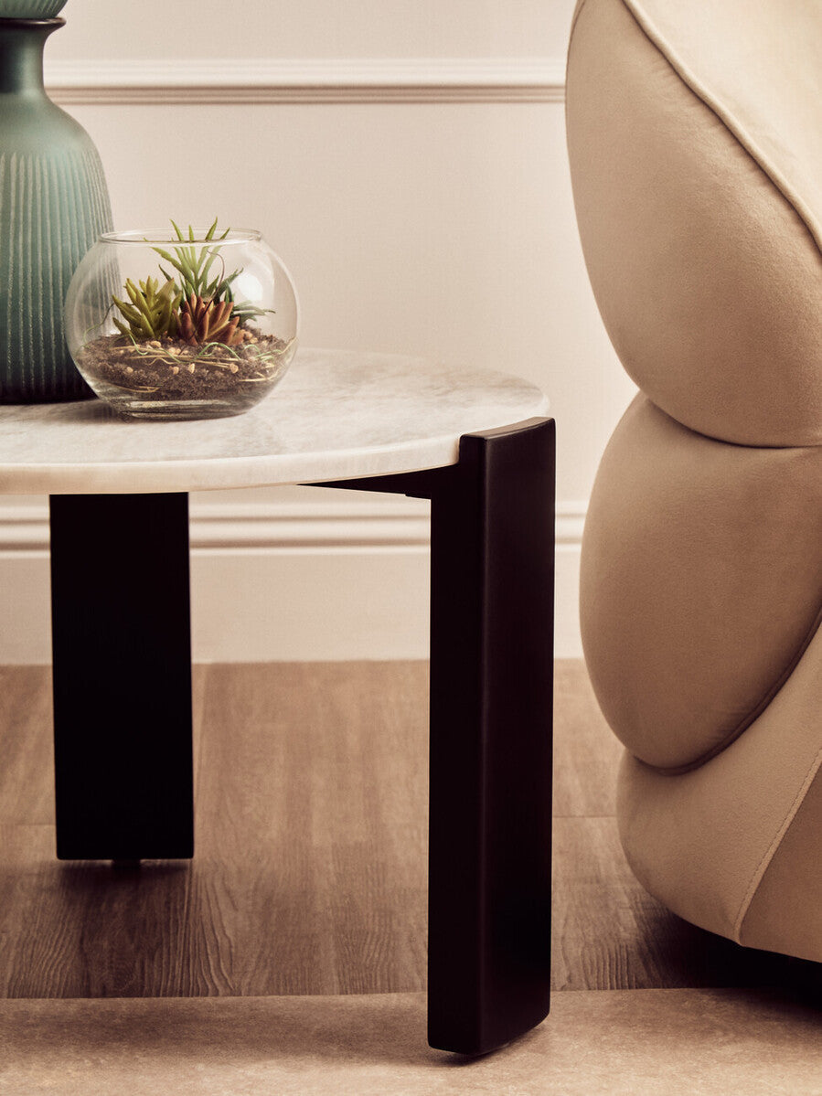 Image of White Round Marble Top Small Coffee Table with Black Acacia Legs, Palermo