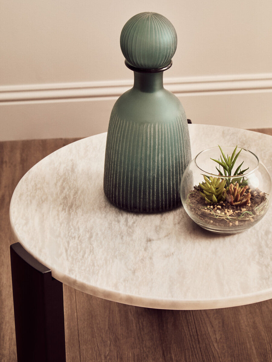 Image of White Round Marble Top Small Coffee Table with Black Acacia Legs, Palermo
