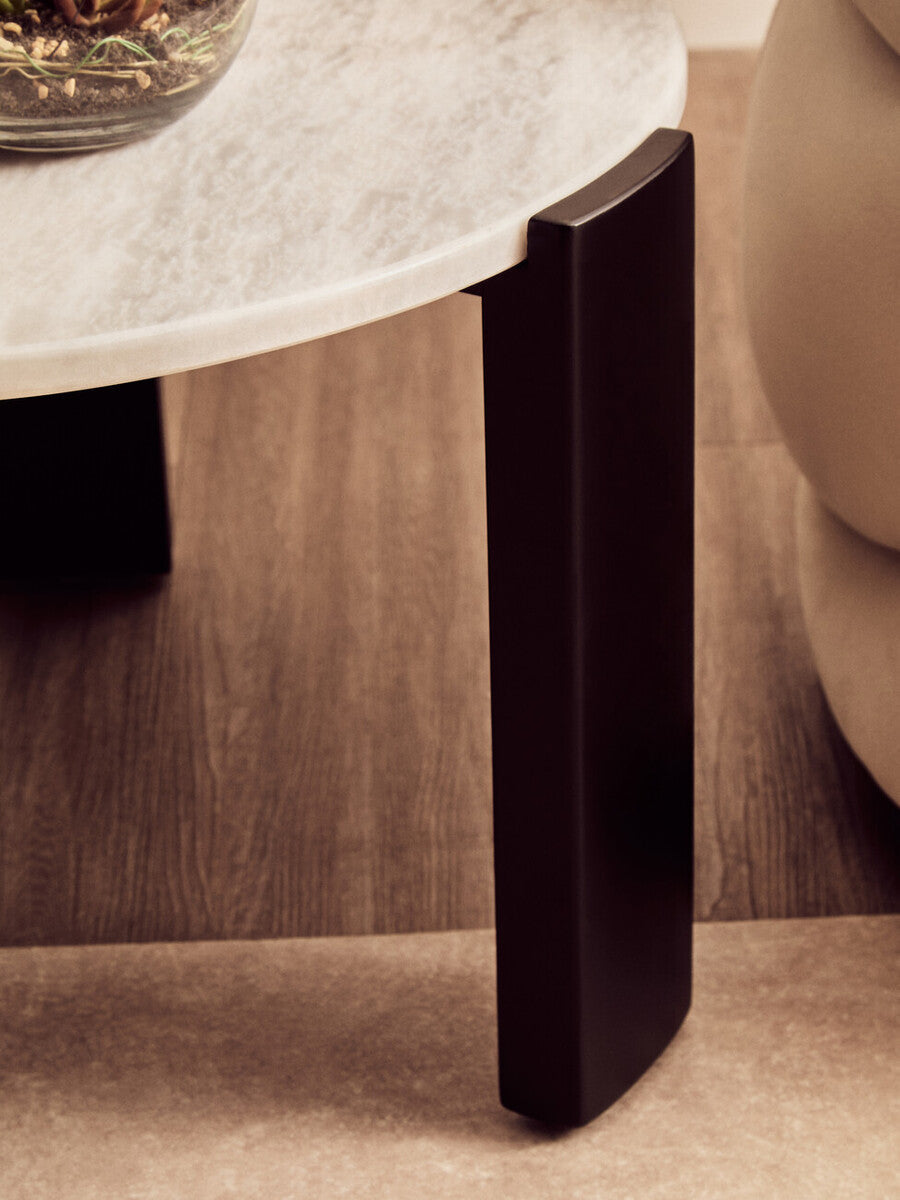 Image of White Round Marble Top Small Coffee Table with Black Acacia Legs, Palermo