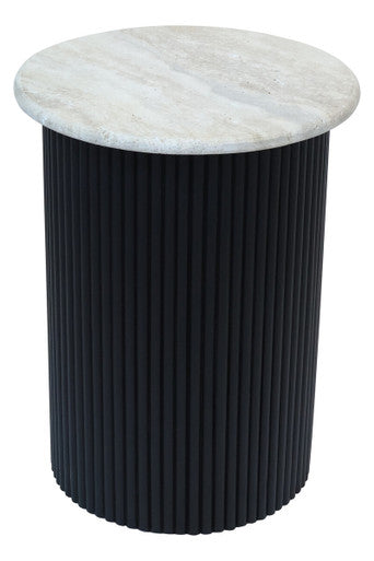 Image of Cream Travertine Top Side Table with Ridged Black Acacia Wood Cylindrical Base, Walton