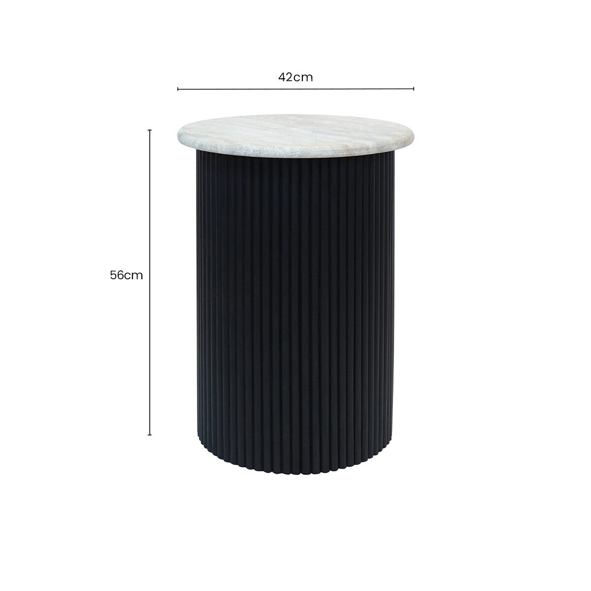 Image of Cream Travertine Top Side Table with Ridged Black Acacia Wood Cylindrical Base, Walton