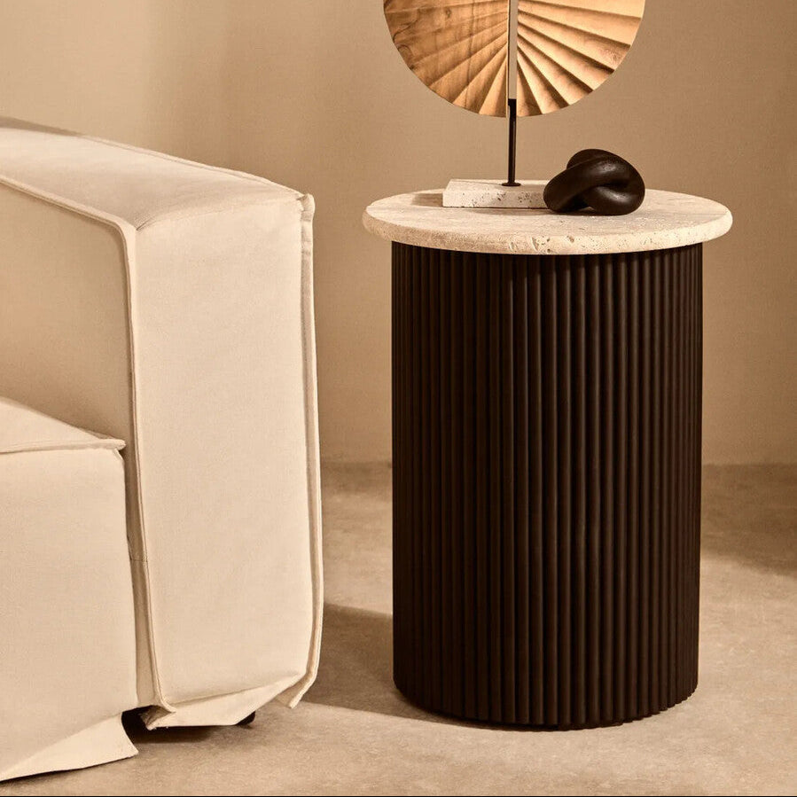 Image of Cream Travertine Top Side Table with Ridged Black Acacia Wood Cylindrical Base, Walton