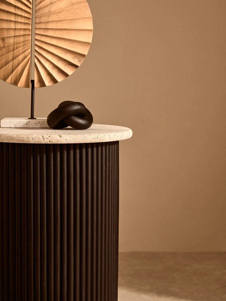 Image of Cream Travertine Top Side Table with Ridged Black Acacia Wood Cylindrical Base, Walton