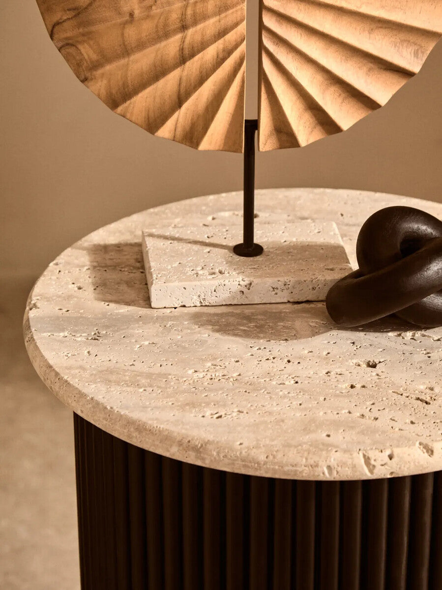 Image of Cream Travertine Top Side Table with Ridged Black Acacia Wood Cylindrical Base, Walton