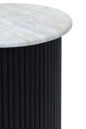 Image of Cream Travertine Top Side Table with Ridged Black Acacia Wood Cylindrical Base, Walton