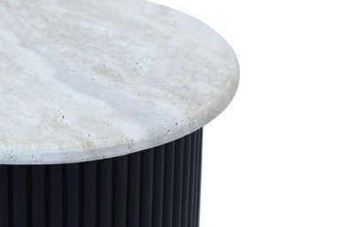 Image of Cream Travertine Top Side Table with Ridged Black Acacia Wood Cylindrical Base, Walton