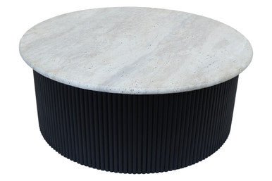 Image of Cream Travertine Top Coffee Table with Ridged Black Acacia Wood Drum Base, Walton
