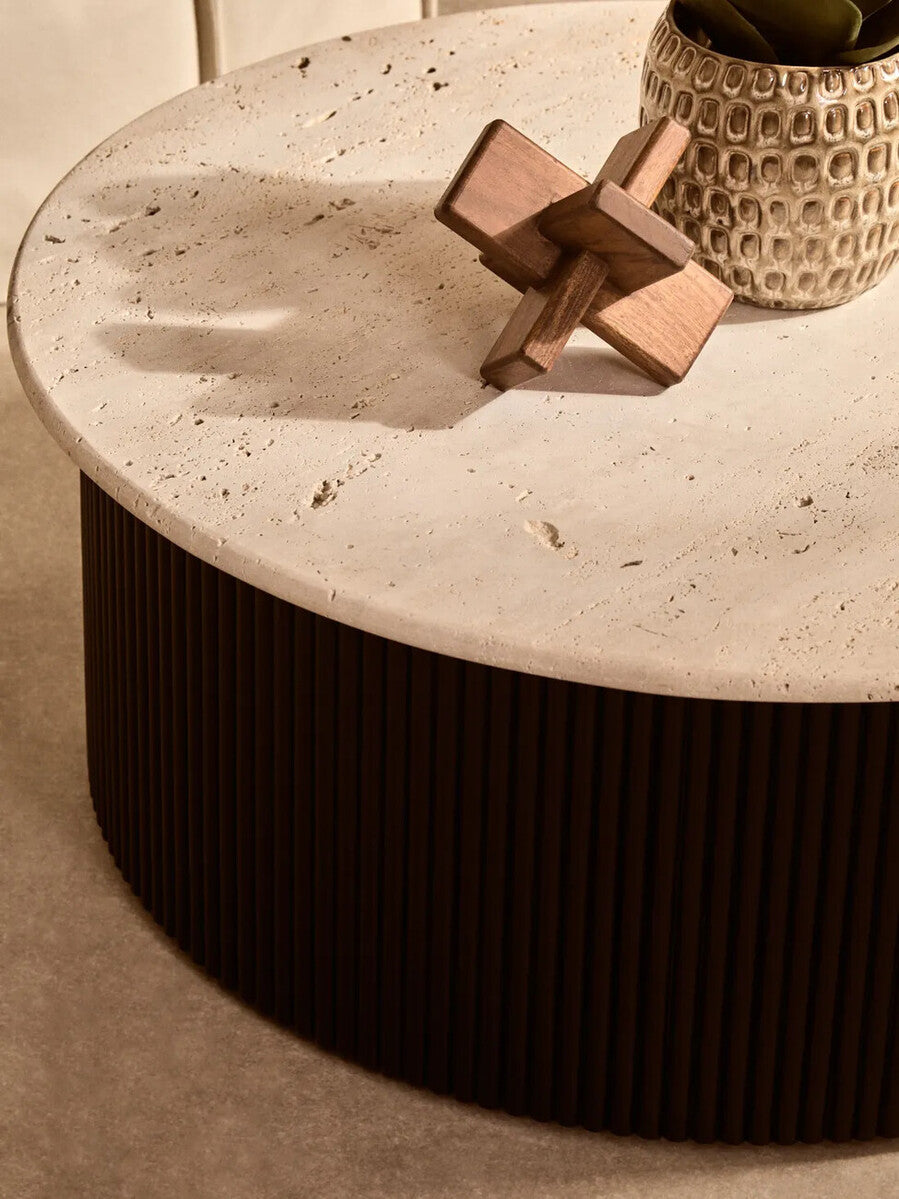 Image of Cream Travertine Top Coffee Table with Ridged Black Acacia Wood Drum Base, Walton