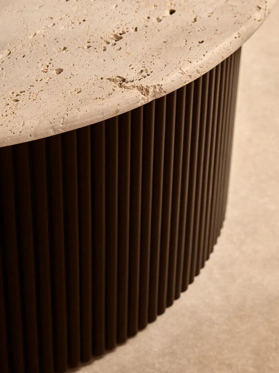 Image of Cream Travertine Top Coffee Table with Ridged Black Acacia Wood Drum Base, Walton