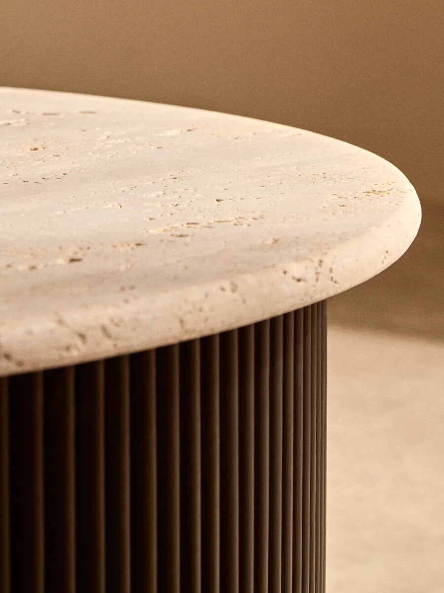 Image of Cream Travertine Top Coffee Table with Ridged Black Acacia Wood Drum Base, Walton