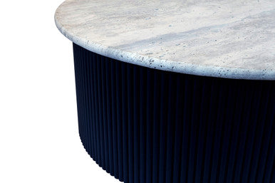 Image of Cream Travertine Top Coffee Table with Ridged Black Acacia Wood Drum Base, Walton