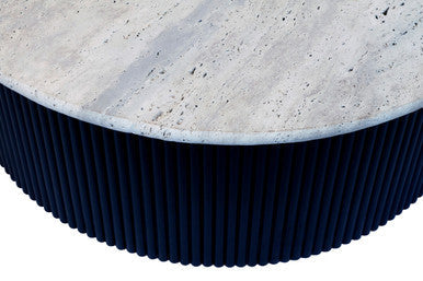 Image of Cream Travertine Top Coffee Table with Ridged Black Acacia Wood Drum Base, Walton
