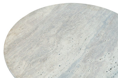 Image of Cream Travertine Top Coffee Table with Ridged Black Acacia Wood Drum Base, Walton