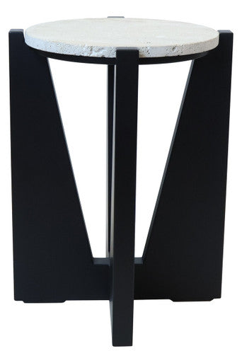 Image of Cream Travertine Top Side Table with Black Acacia Wood Geometric Frame, Walton