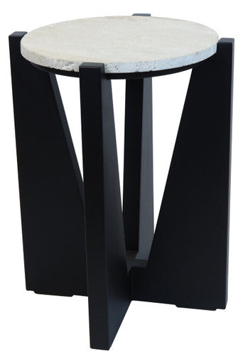 Image of Cream Travertine Top Side Table with Black Acacia Wood Geometric Frame, Walton