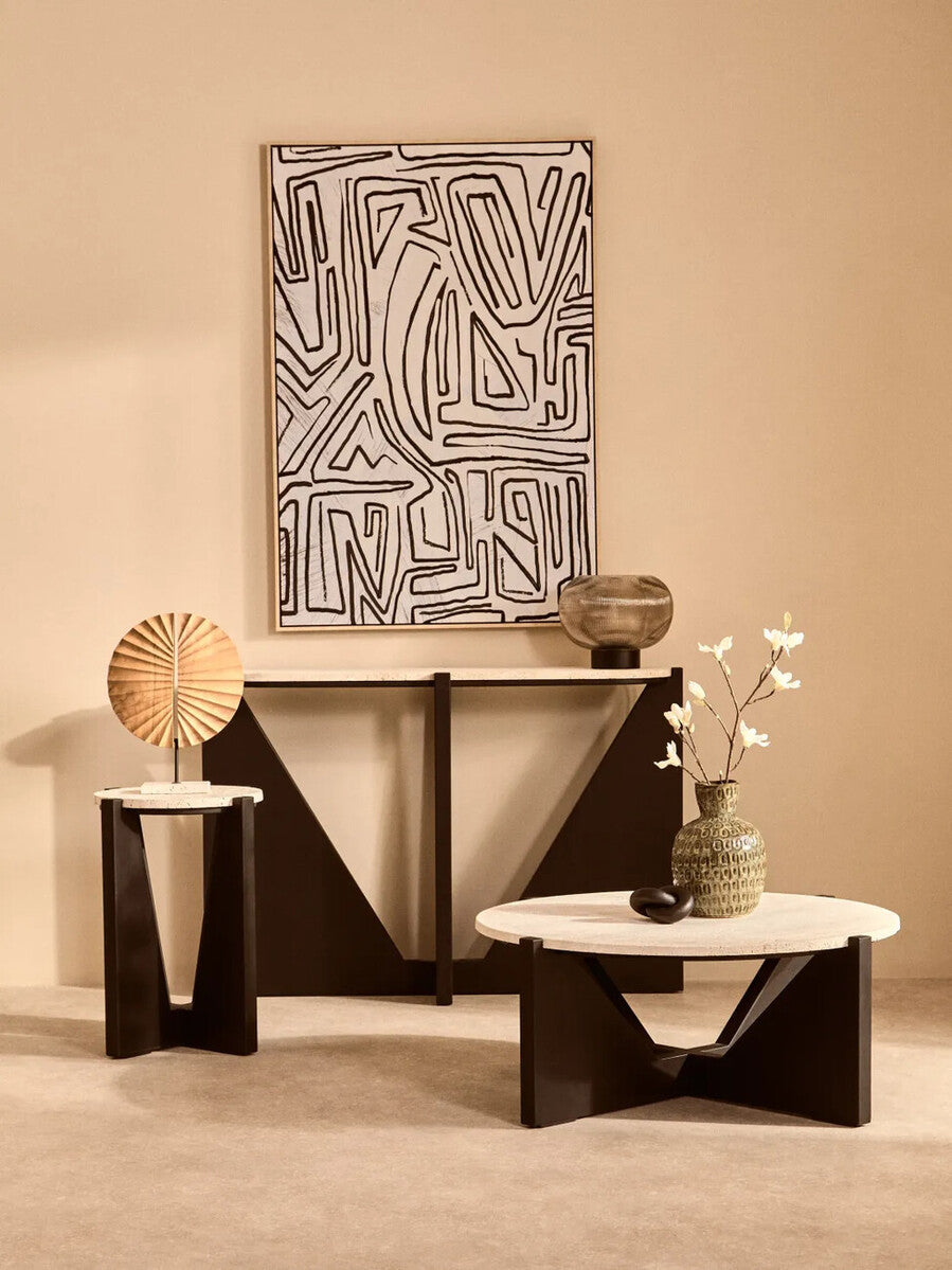 Image of Cream Travertine Top Side Table with Black Acacia Wood Geometric Frame, Walton