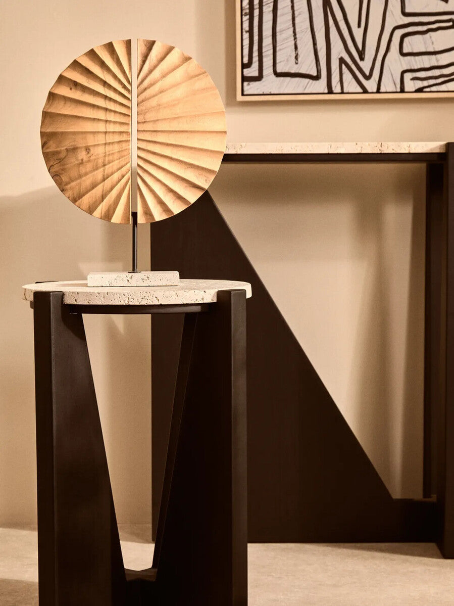 Image of Cream Travertine Top Side Table with Black Acacia Wood Geometric Frame, Walton
