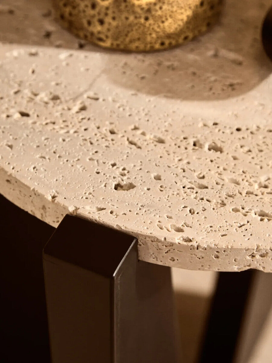 Image of Cream Travertine Top Side Table with Black Acacia Wood Geometric Frame, Walton