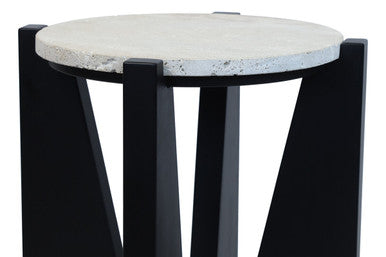 Image of Cream Travertine Top Side Table with Black Acacia Wood Geometric Frame, Walton