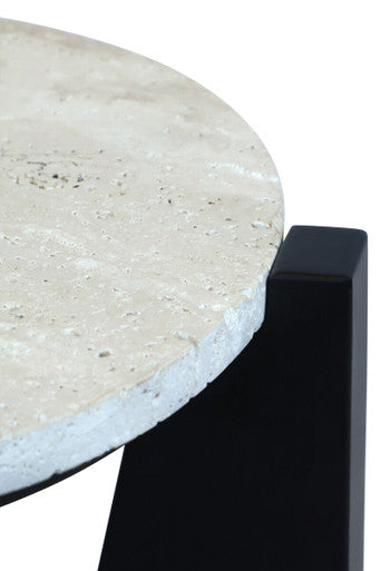 Image of Cream Travertine Top Side Table with Black Acacia Wood Geometric Frame, Walton