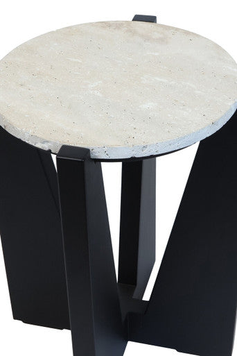 Image of Cream Travertine Top Side Table with Black Acacia Wood Geometric Frame, Walton