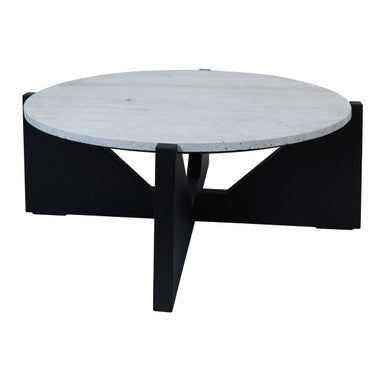 Image of Cream Travertine Top Coffee Table with Black Acacia Wood Geometric Frame, Walton