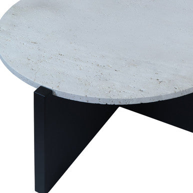 Image of Cream Travertine Top Coffee Table with Black Acacia Wood Geometric Frame, Walton