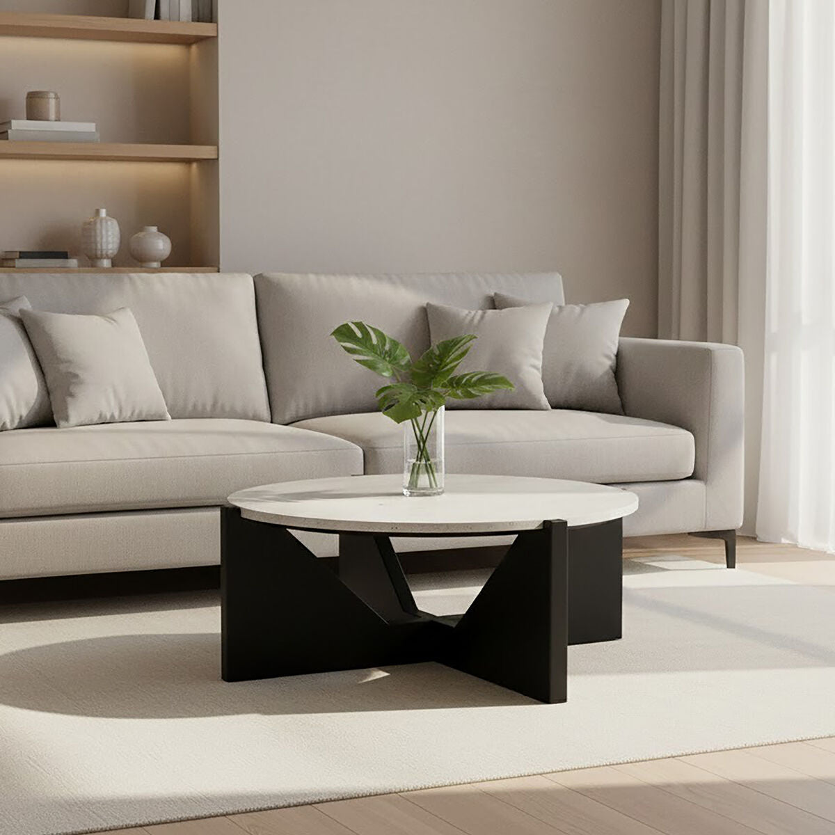 Image of Cream Travertine Top Coffee Table with Black Acacia Wood Geometric Frame, Walton