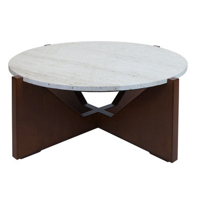 Image of Cream Travertine Top Coffee Table with Brown Acacia Wood Geometric Frame, Walton