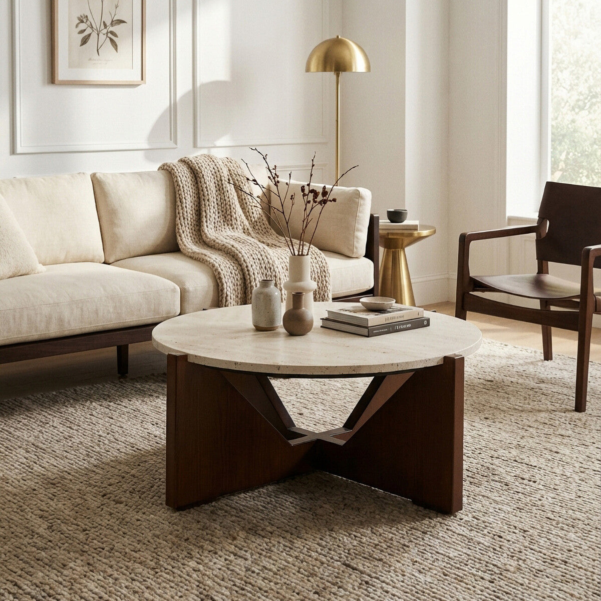 Image of Cream Travertine Top Coffee Table with Brown Acacia Wood Geometric Frame, Walton