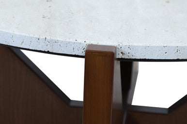 Image of Cream Travertine Top Coffee Table with Brown Acacia Wood Geometric Frame, Walton